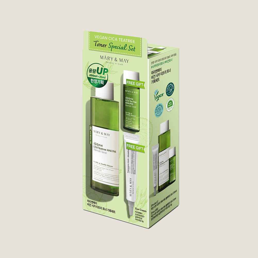 [MARY & MAY] Vegan CICA Tea Tree Toner Special Set (200ml+30ml+Eye cream 12g) - Skynkorea